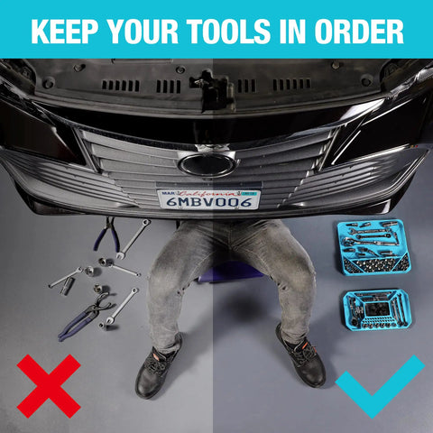 2-Piece Silicone Tool Tray Set with non-slip flexible organizer and magnetic tray storing tools under a car.
