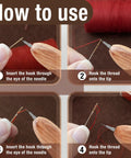 Tutorial using Ergonomic Wooden Needle Threader For Hand Sewing With Hardwood Handle And Stainless Steel Hook shown in steps.