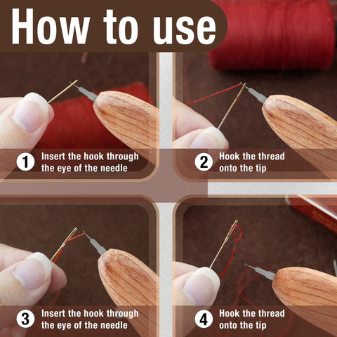 Tutorial using Ergonomic Wooden Needle Threader For Hand Sewing With Hardwood Handle And Stainless Steel Hook shown in steps.