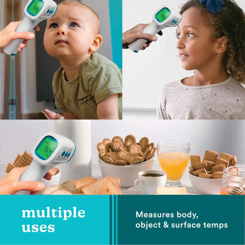Non Contact Infrared Forehead Thermometer With 2 Second Readings Clinically Proven Fast And Accurate High Fever Alert 4 In 1 For Body Food Liquid And Room Temperature With Digital Backlit Display used on child and food