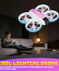 Child using compact mini drone with built-in two point four inch screen remote; LED lighting in dim room for nighttime use.