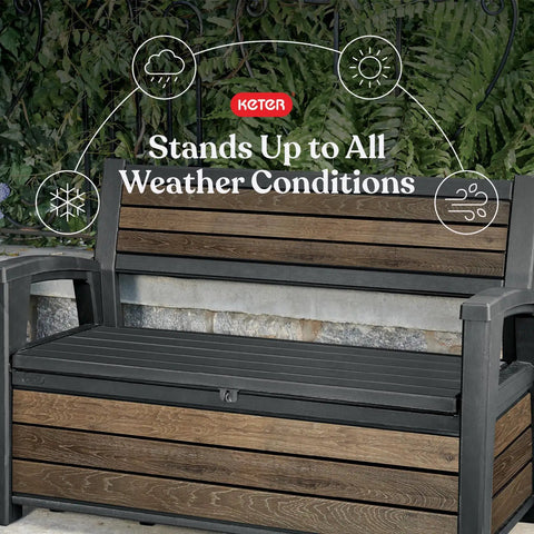 60 Gallon Storage Bench Deck Box For Patio And Outdoor Hangouts In Walnut Finish, Weatherproof Resin Chest on patio