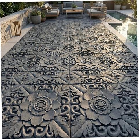 Two Pack Antique Lotus Design Concrete Paver Molds For DIY Garden Path Stepping Stones Reusable Cement Forms patio view