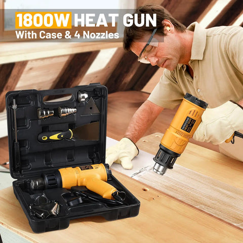 Man using Heat Gun 1800W Heavy Duty Hot Air Tool Kit With Carry Case Variable Temperature Control 122F To 1112F From 50C To 600C