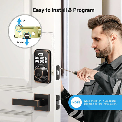Man installing Smart Fingerprint Door Lock With Keypad And Dual Handles, No Keys Needed, Keyless Entry on a white door.
