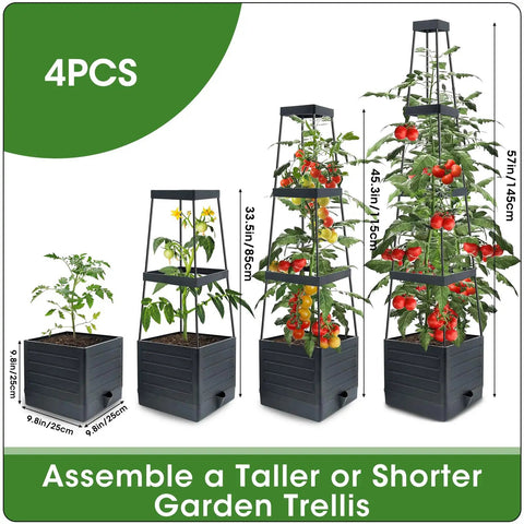 Four self watering tomato planter boxes with trellis, adjustable height from 33.5 to 57 inches, for indoor and outdoor use, large cage system.