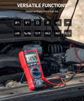 True RMS 6000 Counts Auto Ranging Digital Multimeter on car engine for AC DC voltage, current detection, versatile tool.