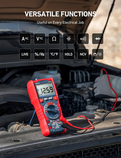 True RMS 6000 Counts Auto Ranging Digital Multimeter on car engine for AC DC voltage, current detection, versatile tool.