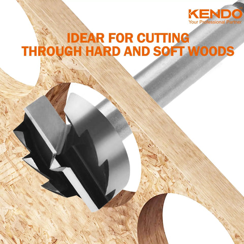 Close-up of Eight Piece Forstner Bit Set Made From Alloy Steel For Woodworking With Round Shank Pro Grade Ultra Sharp Teeth