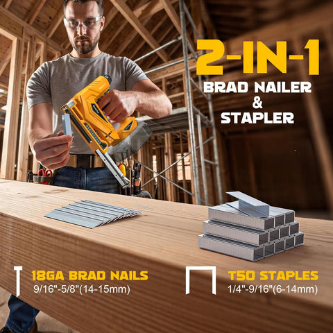 Slick Cordless Brad Nailer And T50 Stapler Compatible With Dewalt 20V Battery for woodworking in action with brad nails and staples.