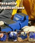Heavy Duty Bench Vise With Anvil And 360 Degree Swivel Locking Base For A Real Workhorse Clamping In Home Shops Or Industrial Settings, 5 Inch Jaw, 4.92 Inch Wide, 4.33 Inch Opening, Cast Iron Construction, Replaceable Jaws, Steel Handle shown in blue