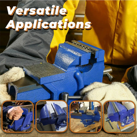 Heavy Duty Bench Vise With Anvil And 360 Degree Swivel Locking Base For A Real Workhorse Clamping In Home Shops Or Industrial Settings, 5 Inch Jaw, 4.92 Inch Wide, 4.33 Inch Opening, Cast Iron Construction, Replaceable Jaws, Steel Handle shown in blue
