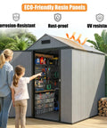 Resin Storage Shed 4x6 With Floor shown open, displaying organized tools inside. Features weatherproof outdoor plastic with sloped roof.