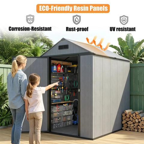 Resin Storage Shed 4x6 With Floor shown open, displaying organized tools inside. Features weatherproof outdoor plastic with sloped roof.