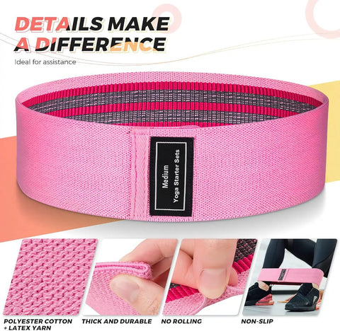 Heavy Medium Light Fabric Resistance Bands Three Set For Working Out Pilates And Yoga Home Gym Training Glute Activation And Leg Workouts Non Slip Roll Free Fitness Bands For Women And Men in pink color with tag "Medium".