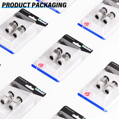 Packaging of Male Straight Push To Connect Fittings Three Eighths Inch Tube Outer Diameter One Quarter Inch NPT Thread Copper And Plastic Pack Of Two