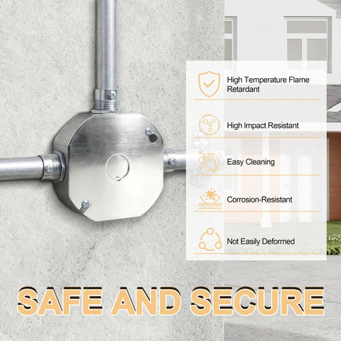 Four Inch Octagon Electrical Box With Cover Set Heavy Duty Galvanized Steel Octagonal Junction Box With Half Inch And Three Quarter Inch Knockouts Includes Matching Octagon Cover With Half Inch Knockout Hole mounted with conduit