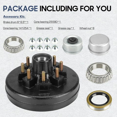 Beefed Up Heavy Duty Trailer Brake Drum Kit With Eight Hole 6.5 Inch Bolt Circle For 7000 Lbs Axles Replacement Brake Hub Drum Assembly For RVs Trailers And Semi Trucks components displayed