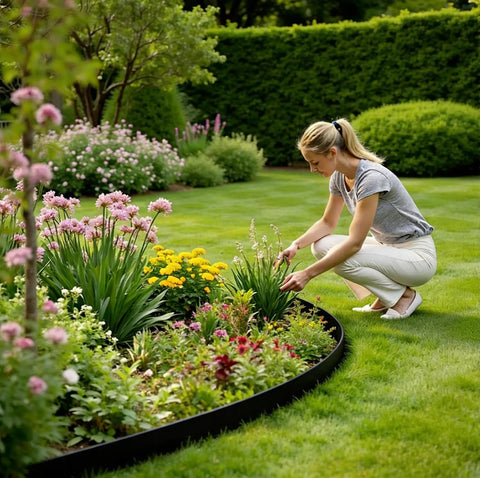 Person kneeling near garden with Pro Grade Landscape Edging Kit 33 Foot Long By 4 Inch High Flexible Plastic No Dig Border