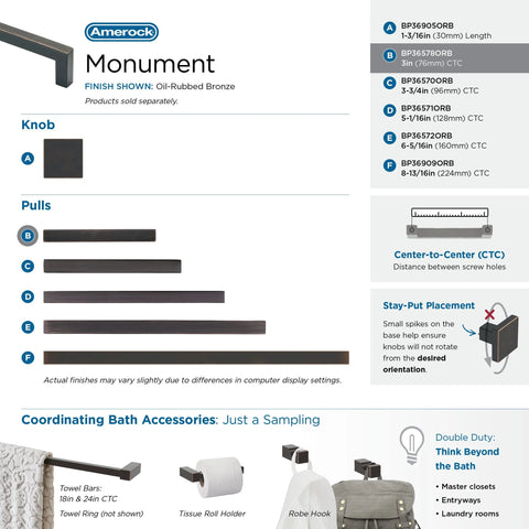 Amerock Monument Oil Rubbed Bronze Cabinet Pulls and Knobs Display with Measurements and Bath Accessories