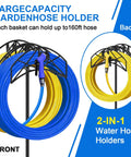 Heavy Duty Garden Hose Holder With Dual Hose Storage Holds 160 Ft Per Hose Freestanding Hose Reel Stand front and back view