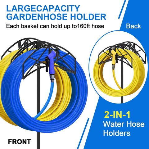 Heavy Duty Garden Hose Holder With Dual Hose Storage Holds 160 Ft Per Hose Freestanding Hose Reel Stand front and back view