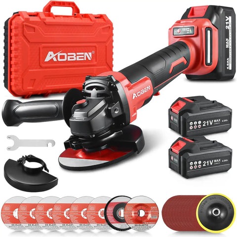 Cordless 21V Brushless Angle Grinder With 4-1/2 Inch Disc, Paddle Switch, Dual 4.0Ah Battery And Charger, shown with case and accessories