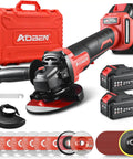 Heavy Duty Brushless Cordless Angle Grinder Kit, 4.5 Inch 3 Speed Cutting Tool With Paddle Switch, batteries and accessories included.