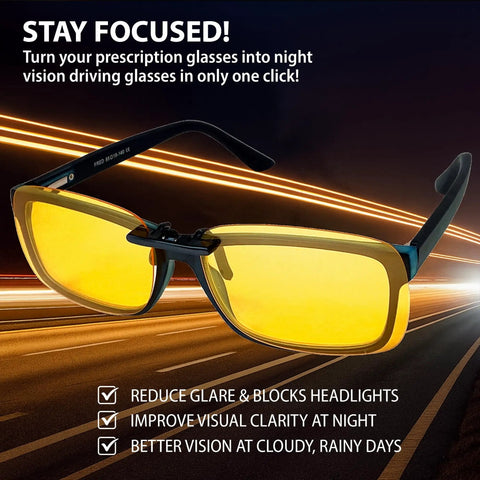 Clip On Polarized Night Vision Driving Sunglasses With Flip Up Anti Glare Lens And Uv 400 Protection Designed To Slide Smoothly Over Prescription Frames For Hella Lightweight Comfort And Kickass Street Smart Clarity