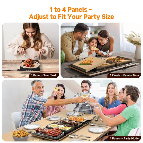 Electric Warming Tray 4 In 1 Food Warmer For Parties And Buffets with adjustable panel setup shown in various party sizes