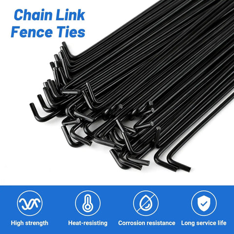 11 Gauge Chain Link Fence Ties, 8.27 Inches, Black, 30 Packs shown in a bundle, highlighting corrosion resistance and durability features.