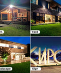 Multiple uses of a 20W LED Flood Light Outdoor 2800 Lumens IP65 Waterproof Exterior Security Wall Light with 180 Degree Knuckle and 120V Aluminum Fixture shown lighting a barn, yard, landscape, and sign at night.