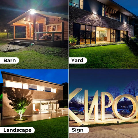 Multiple uses of a 20W LED Flood Light Outdoor 2800 Lumens IP65 Waterproof Exterior Security Wall Light with 180 Degree Knuckle and 120V Aluminum Fixture shown lighting a barn, yard, landscape, and sign at night.