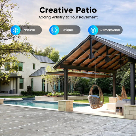 Modern patio with textured concrete surface using 4 Pack 24x24 Inch Concrete Stamps Texturing Mats With Sturdy Handles for DIY projects.