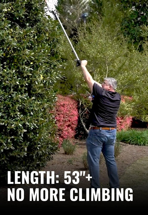 Man using 16 Inch Universal Hedge Trimmer Attachment With Dual Action Blade And Articulating Head For Gas Powered Tools