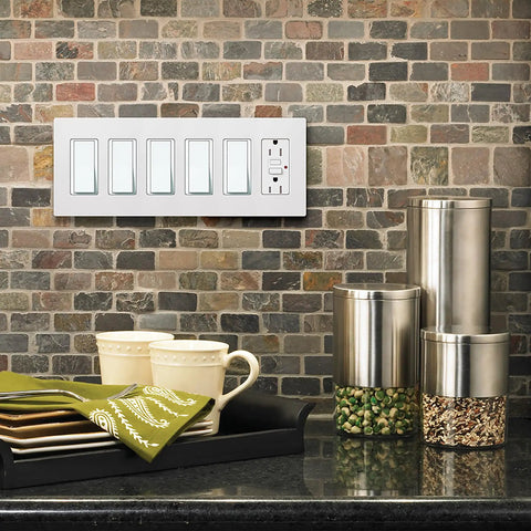 Six Gang Decorator Light Switch Cover Plate For Rocker Switches And Outlets Screwless Gloss White Wall Plate in modern kitchen