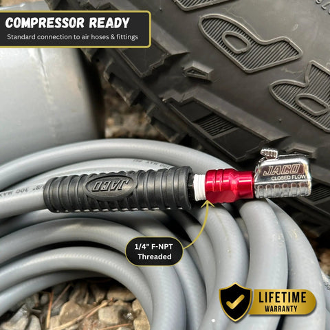 Close-up of the Lightning S2 Quick Connect Tire Air Chuck 1 Quarter Inch F-NPT Closed Flow Self Locking Nozzle showing JACO branding.