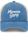 Front view of Lake Blue trucker style cap with 'Mimosa Gang' text, part of Dope Lightweight Cotton Baseball Cap Bundle For Men And Boys.