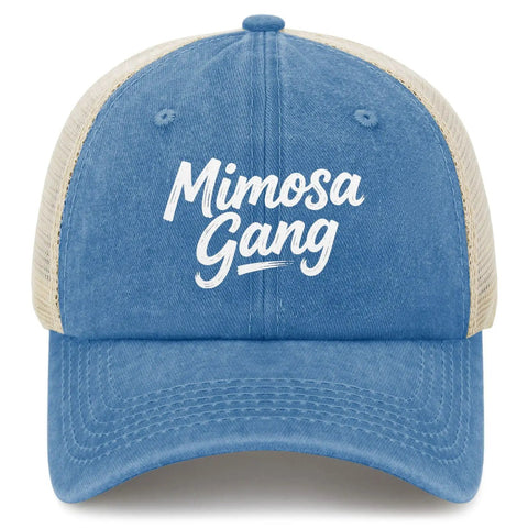 Front view of Lake Blue trucker style cap with 'Mimosa Gang' text, part of Dope Lightweight Cotton Baseball Cap Bundle For Men And Boys.