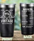 Born In 1976 Vintage 20 Oz Insulated Tumbler showing front and back designs with 1976 details and list of events.