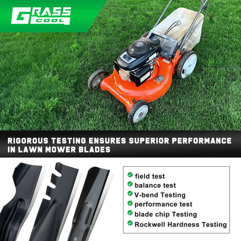 Lawn mower with orange deck featuring Must Have 21 Inch Mulching Blades Replacement For Craftsman And Husqvarna Lawn Mowers 2 Pack Circle Hole Mounting Pattern Fits Craftsman 406712 532406712 And Husqvarna 21 Inch Deck Push Walk Behind Mowers.