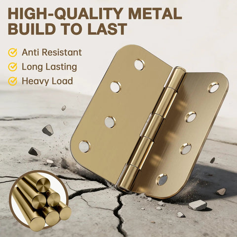 Rock Solid Heavy Duty Door Hinges Hit Four Inches Wide With Rounded Corners And A Slick Champagne Bronze Finish Engineered For Butter Smooth Swings On Any Interior Or Exterior Door Three Pack Bundle showing the bronze hinge on cracked surface.
