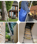 Four images of Telescoping Aluminum Ladder 12 Rungs, Heavy Duty Extension Ladder With 330 Lb Load Capacity in use for various projects