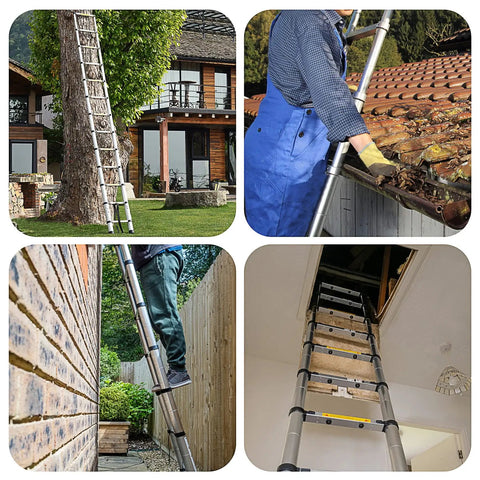 Four images of Telescoping Aluminum Ladder 12 Rungs, Heavy Duty Extension Ladder With 330 Lb Load Capacity in use for various projects