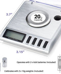 Top Notch Milligram Jewelry Scale With 0.001 g Readout for weighing gemstones and fine gold, showing 20g capacity and buttons