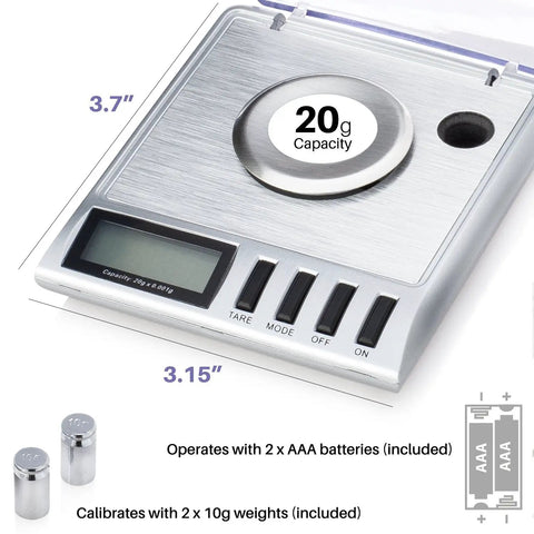 Top Notch Milligram Jewelry Scale With 0.001 g Readout for weighing gemstones and fine gold, showing 20g capacity and buttons