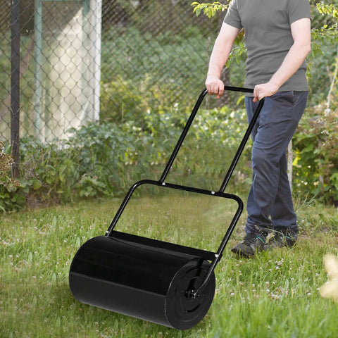 Man using water filled lawn roller for garden and lawn 16 gallon capacity 20 inch steel drum push or tow behind design