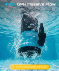 Underwater view of One HP Submersible Water Pump With 4755GPH High Flow Beast showing water removal capability.