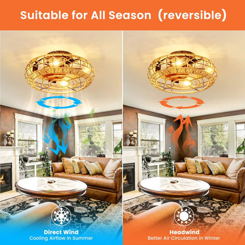 Caged Low Profile Ceiling Fan With Light 20 Inch Flush Mount Boho Hemp Rope Farmhouse Style Six Gear Wind Speeds Reversible Motor