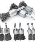 9 Piece Drill Wire Brush Set With Crimped End Knotted Brushes In 0.8, 1, And 1.2 Inch Sizes, 1 Quarter Inch Hex Shank
